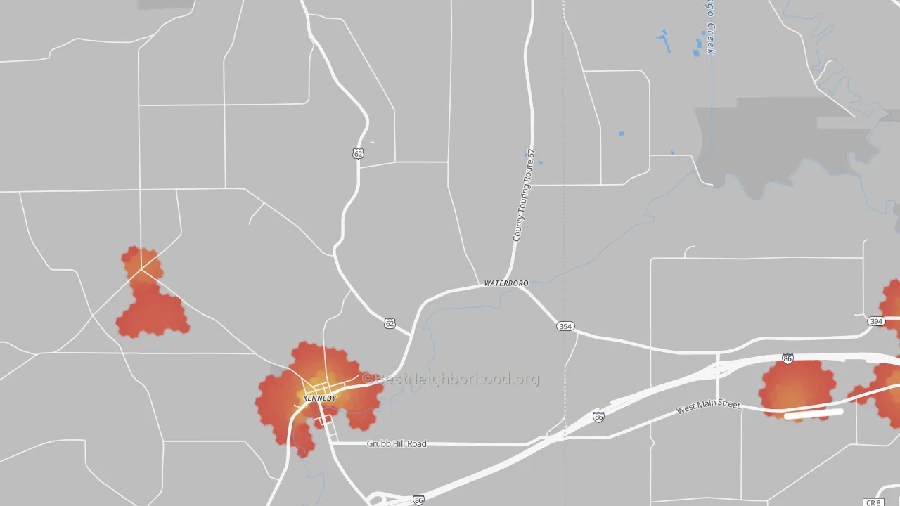 Walk Grade map of Waterboro, NY, walkable areas in green and car-dependent areas in red