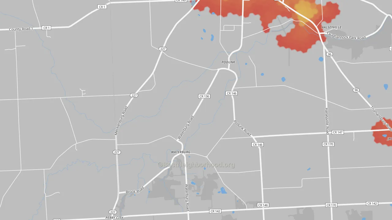 Walk Grade map of Waterburg, NY, walkable areas in green and car-dependent areas in red