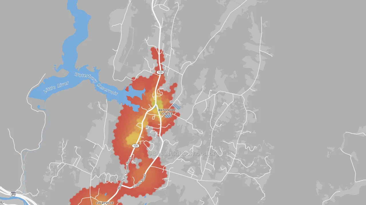Walk Grade map of Waterbury Center, VT, walkable areas in green and car-dependent areas in red