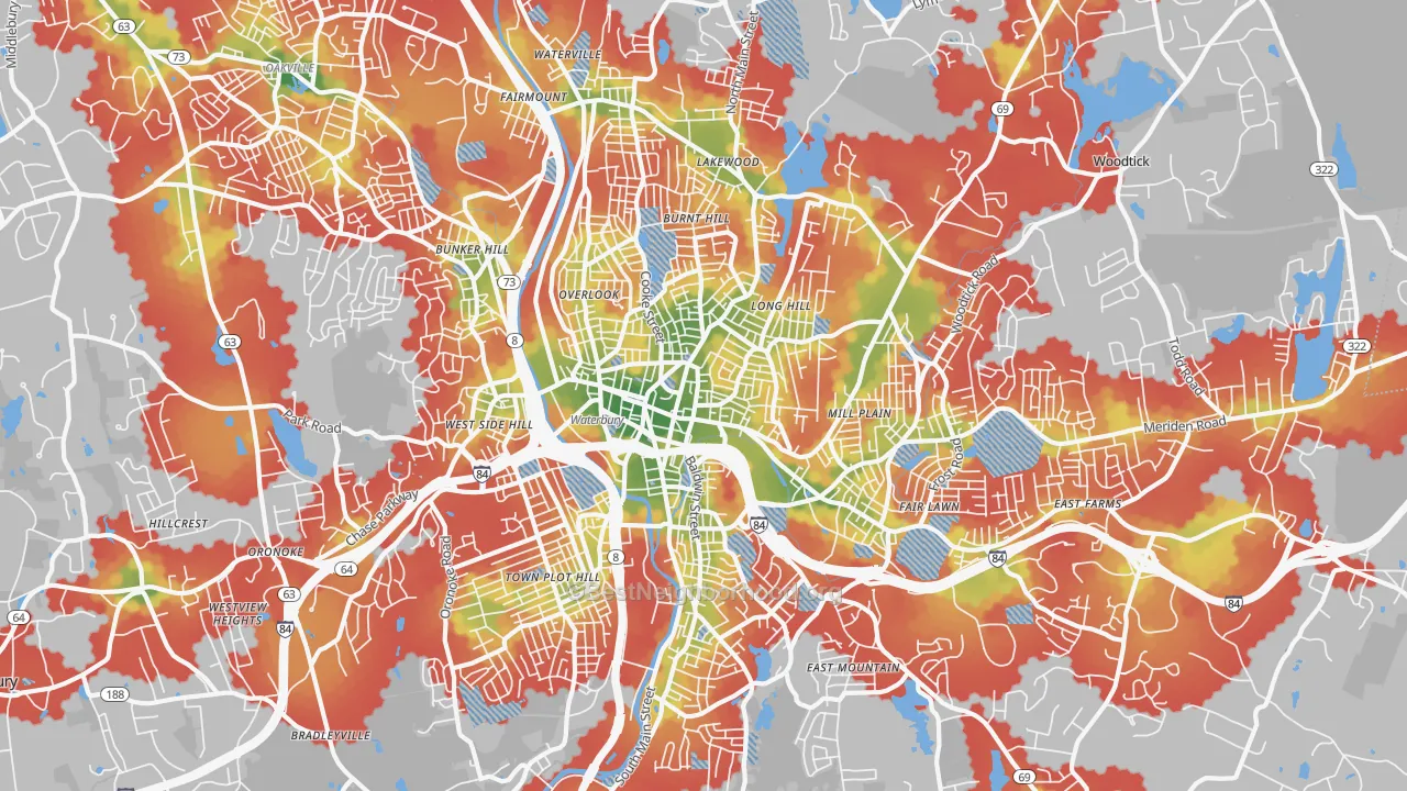Walk Grade map of Waterbury, CT, walkable areas in green and car-dependent areas in red