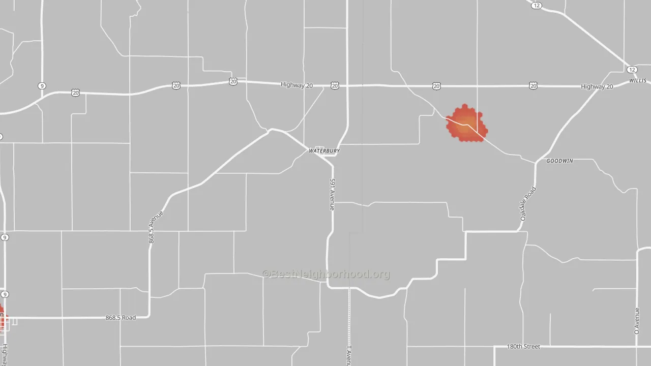 Walk Grade map of Waterbury, NE, walkable areas in green and car-dependent areas in red