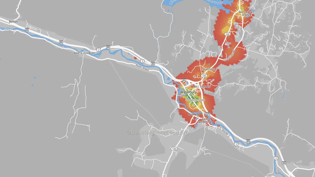 Walk Grade map of Waterbury, VT, walkable areas in green and car-dependent areas in red