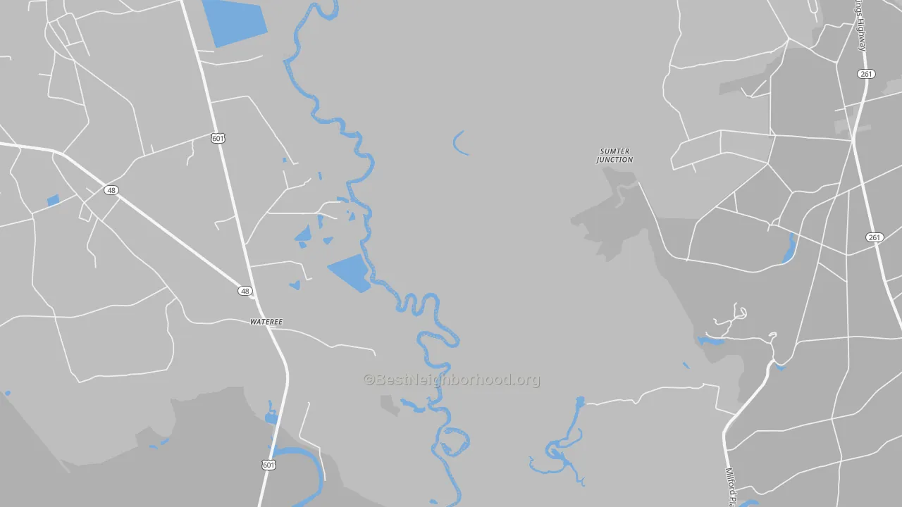Walk Grade map of Wateree, SC, walkable areas in green and car-dependent areas in red