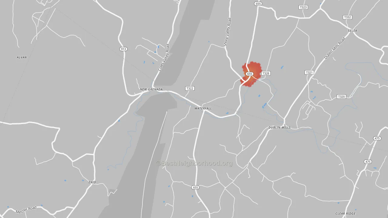 Walk Grade map of Waterfall, PA, walkable areas in green and car-dependent areas in red