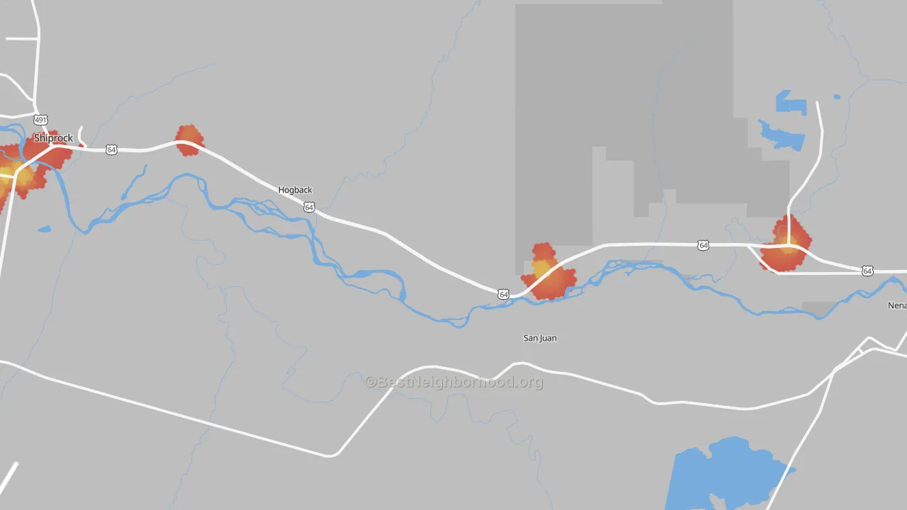 Walk Grade map of Waterflow, NM, walkable areas in green and car-dependent areas in red