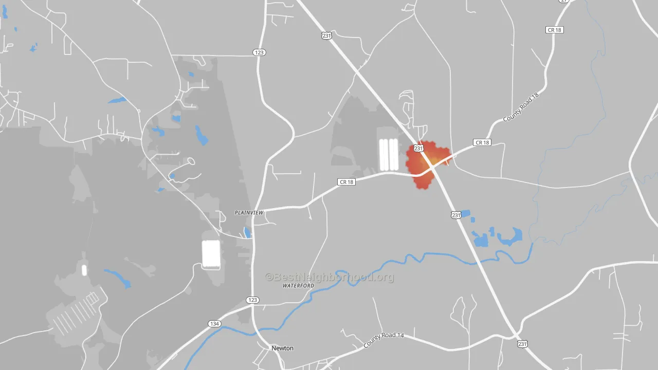 Walk Grade map of Waterford, AL, walkable areas in green and car-dependent areas in red