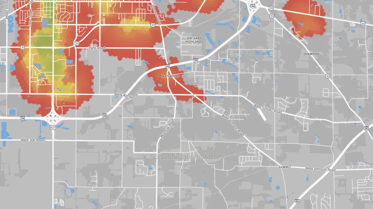 Walk Grade map of Waterford, IN, walkable areas in green and car-dependent areas in red