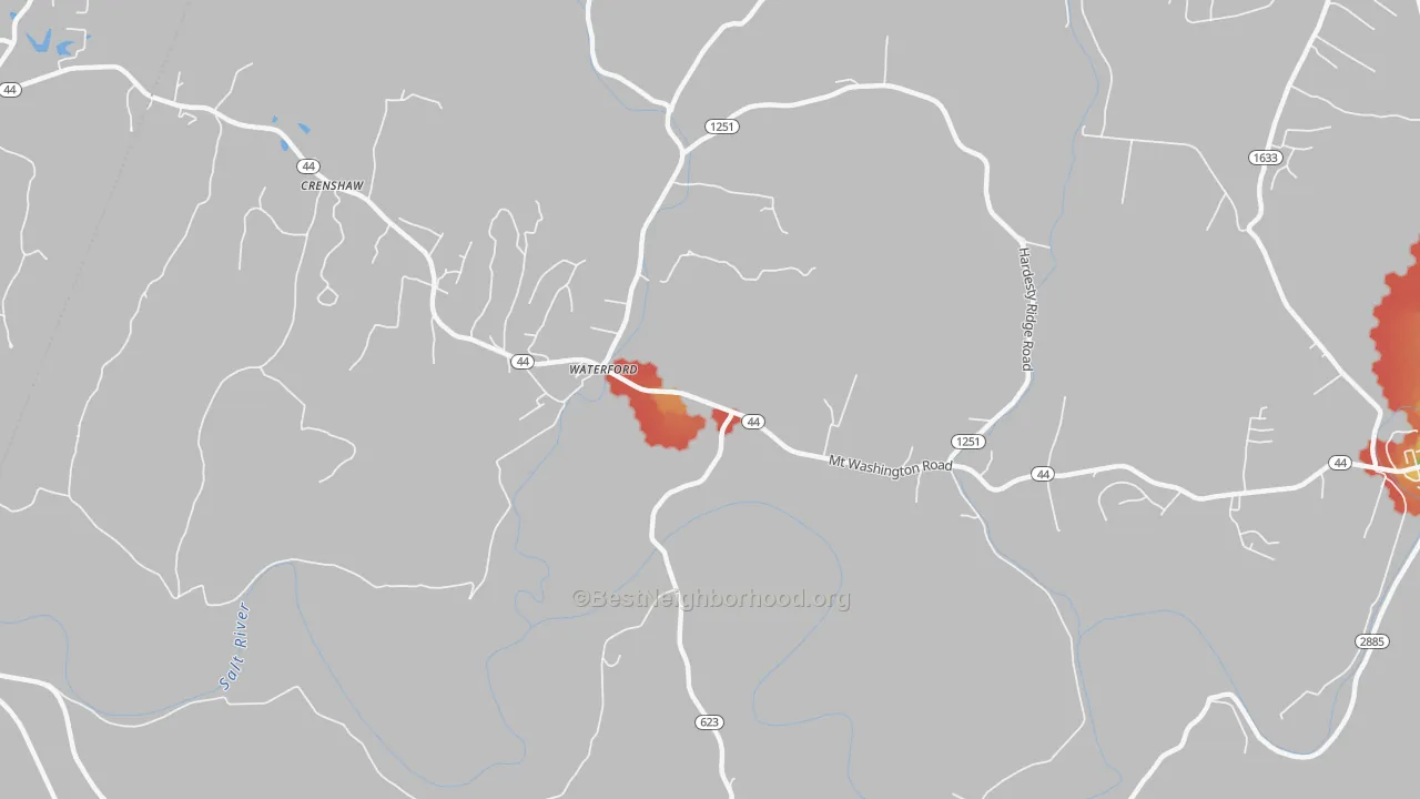 Walk Grade map of Waterford, KY, walkable areas in green and car-dependent areas in red