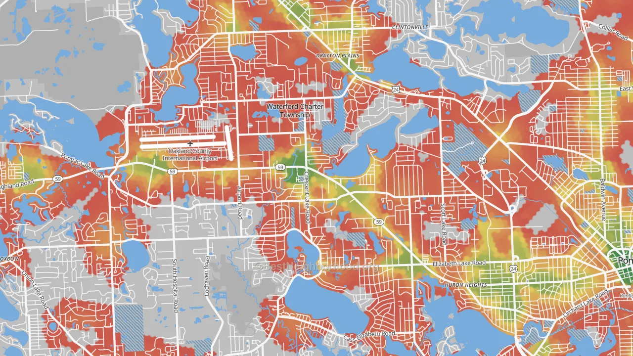 Walk Grade map of Waterford, MI, walkable areas in green and car-dependent areas in red