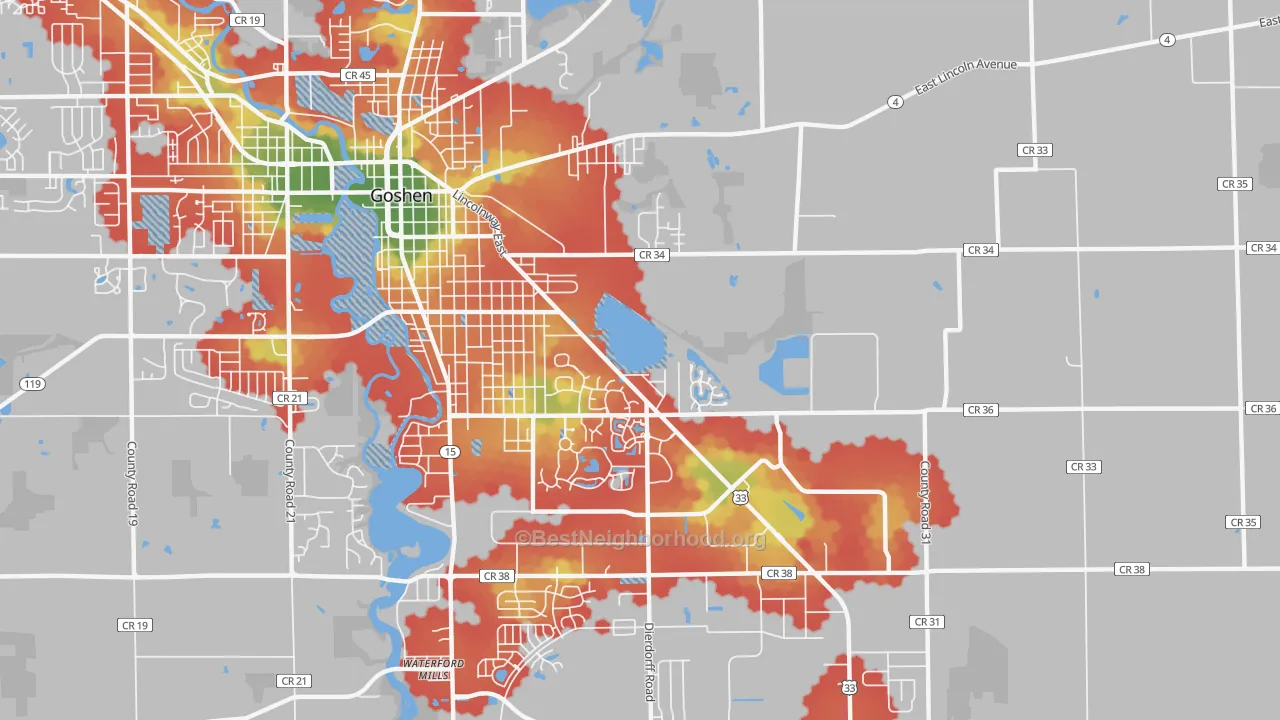 Walk Grade map of Waterford Mills, IN, walkable areas in green and car-dependent areas in red