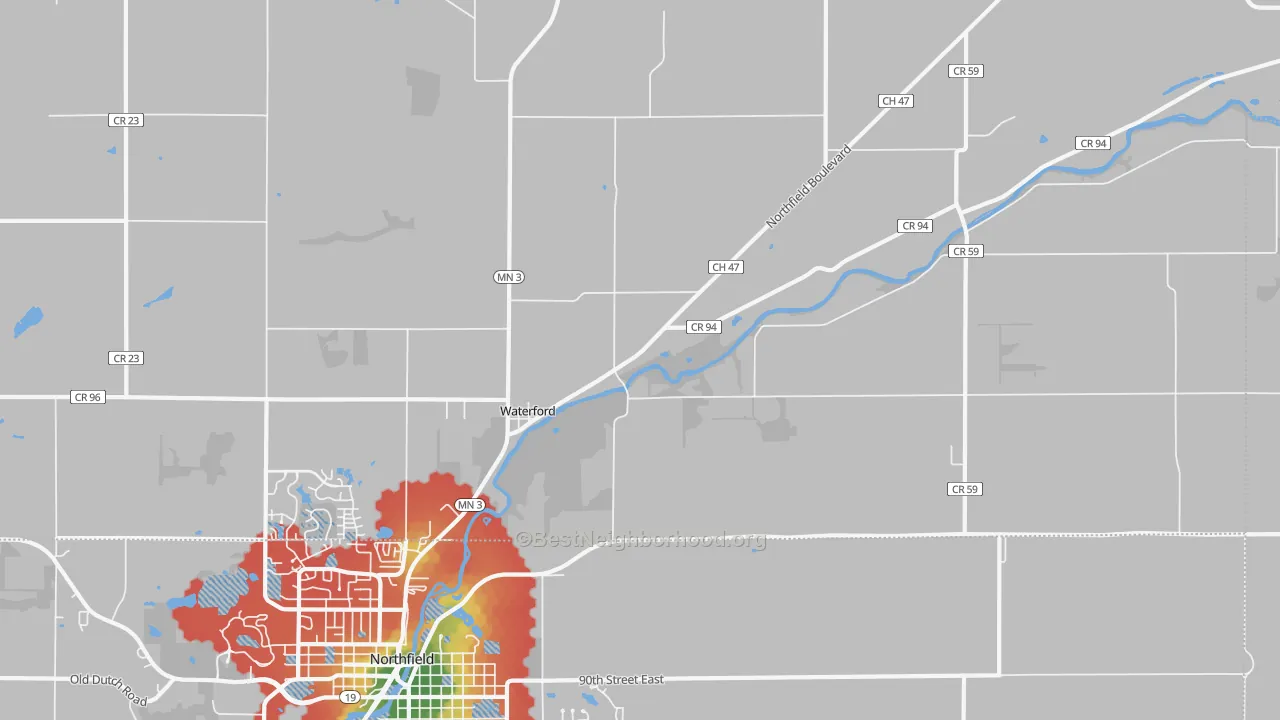 Walk Grade map of Waterford, MN, walkable areas in green and car-dependent areas in red