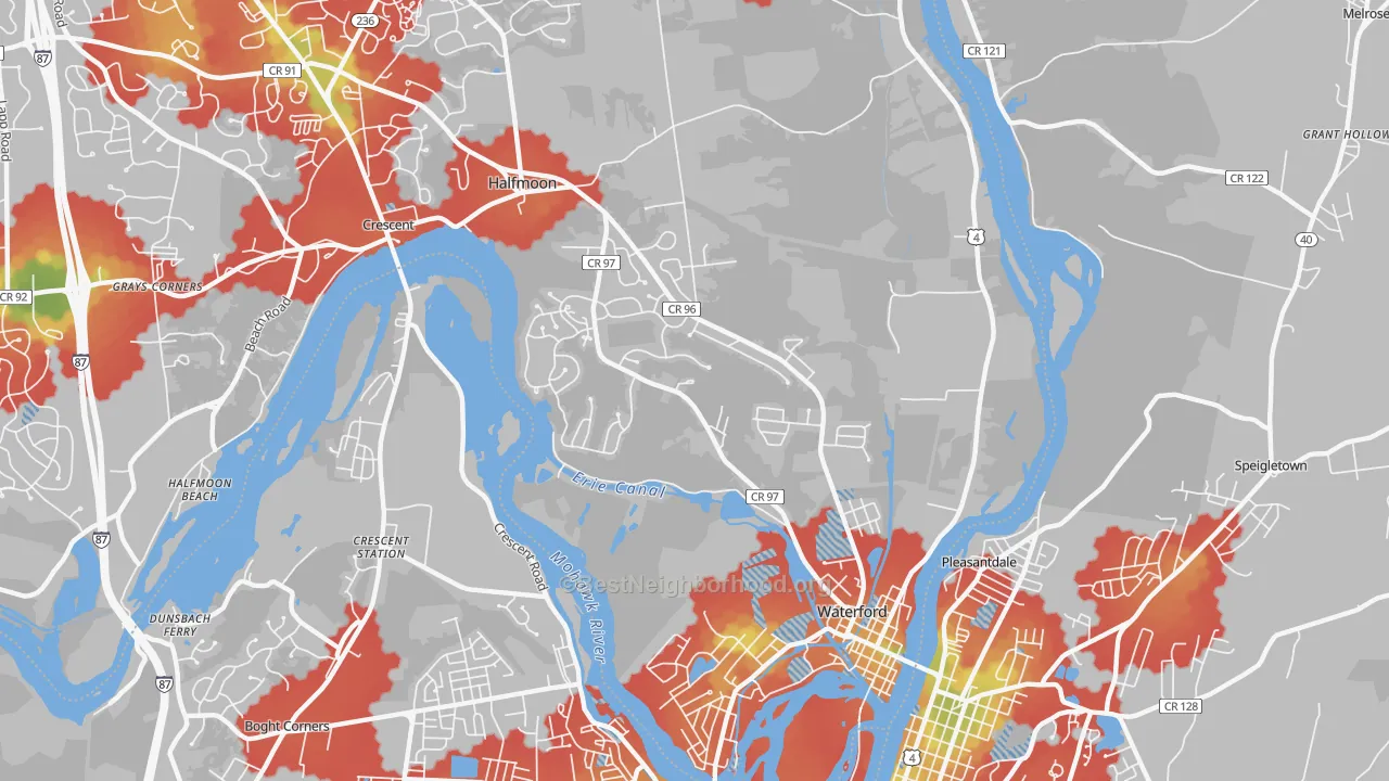 Walk Grade map of Waterford, NY, walkable areas in green and car-dependent areas in red