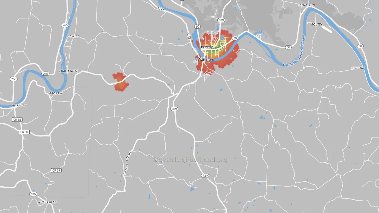Walk Grade map of Waterford, OH, walkable areas in green and car-dependent areas in red