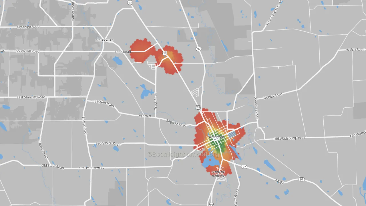 Walk Grade map of Waterford, PA, walkable areas in green and car-dependent areas in red