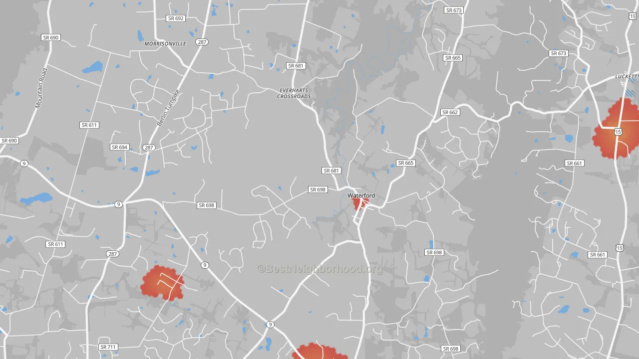 Walk Grade map of Waterford, VA, walkable areas in green and car-dependent areas in red