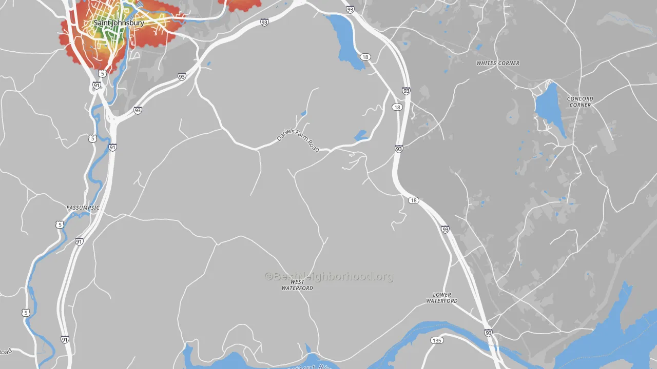 Walk Grade map of Waterford, VT, walkable areas in green and car-dependent areas in red