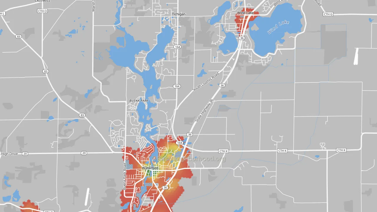 Walk Grade map of Waterford, WI, walkable areas in green and car-dependent areas in red