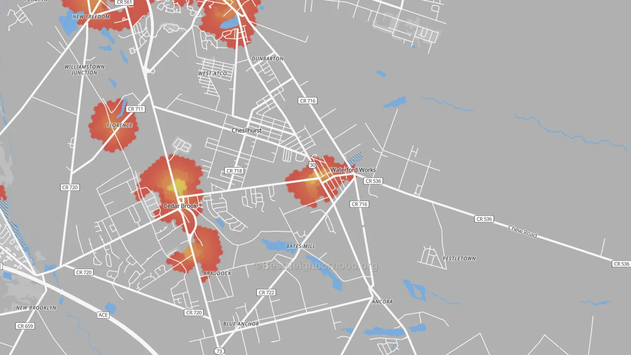Walk Grade map of Waterford Works, NJ, walkable areas in green and car-dependent areas in red