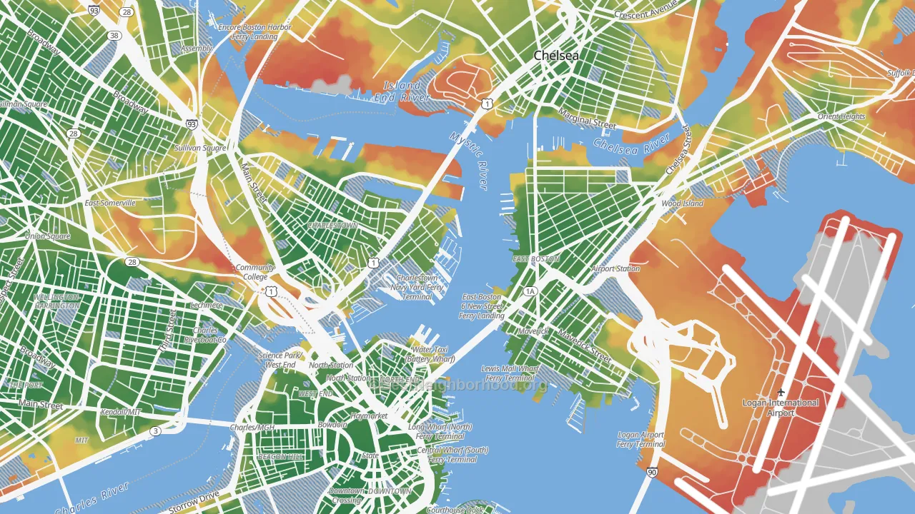 Walk Grade map of Waterfront, Boston, MA, walkable areas in green and car-dependent areas in red