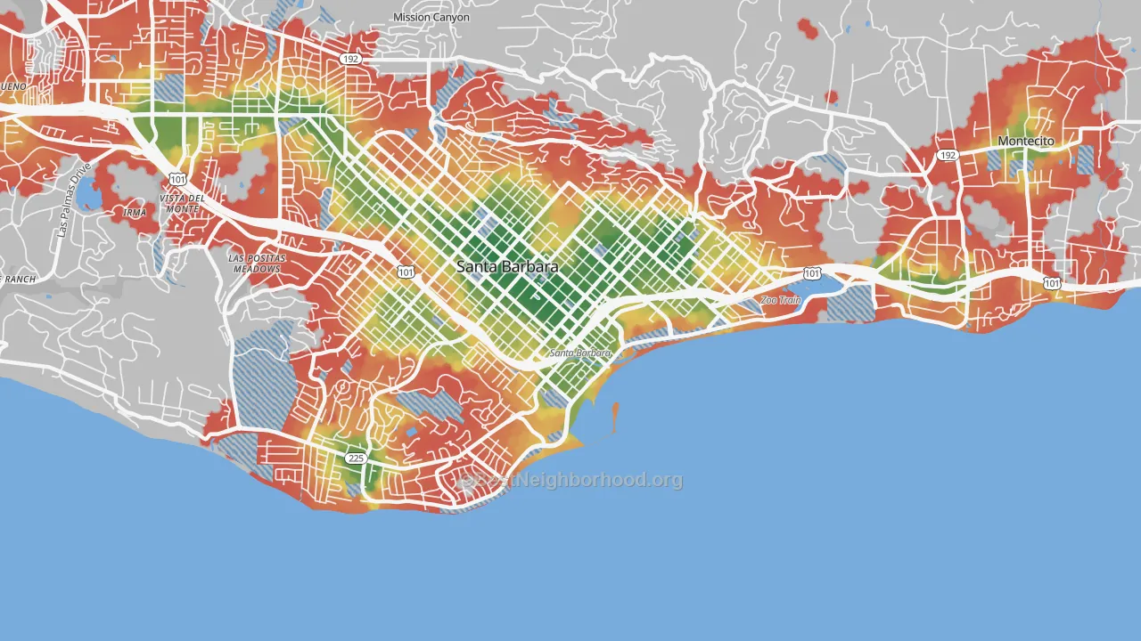 Walk Grade map of Waterfront, Santa Barbara, CA, walkable areas in green and car-dependent areas in red