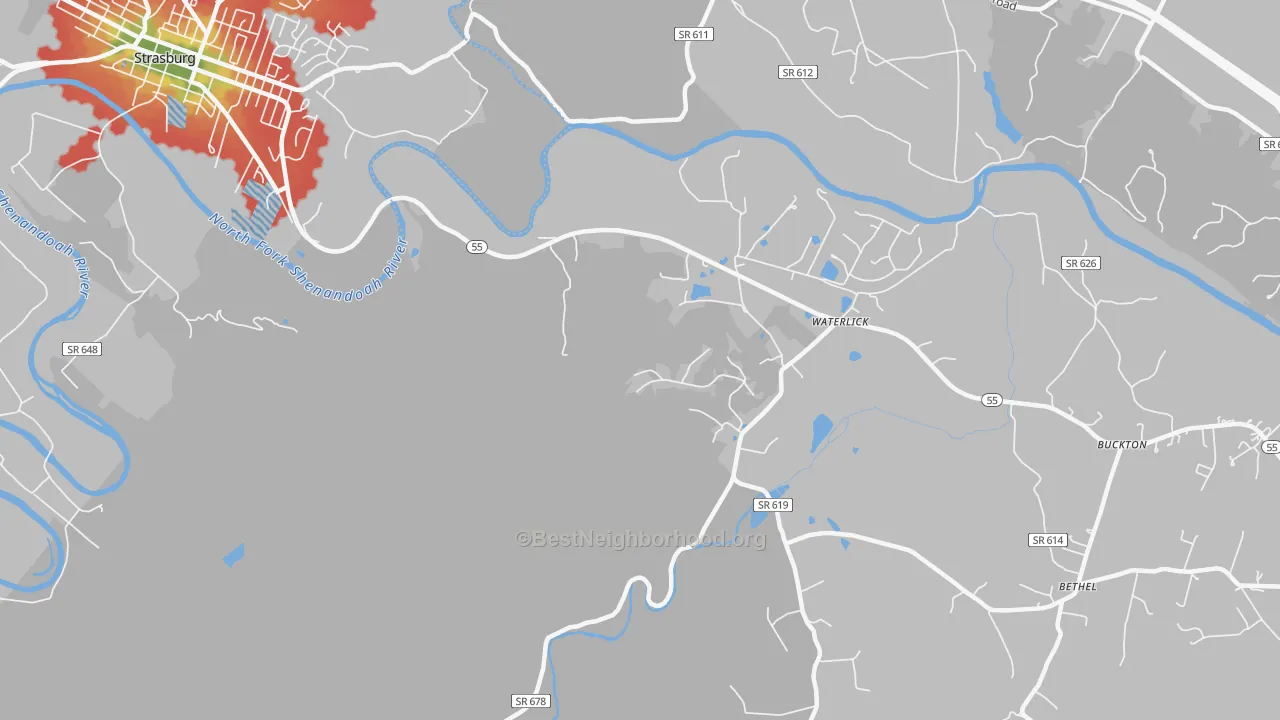 Walk Grade map of Waterlick, VA, walkable areas in green and car-dependent areas in red
