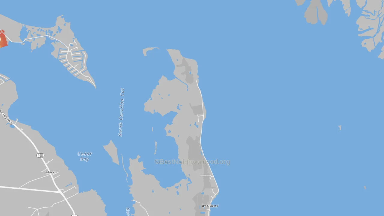 Walk Grade map of Waterlily, NC, walkable areas in green and car-dependent areas in red