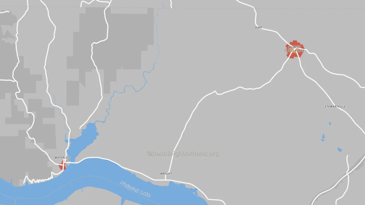 Walk Grade map of Waterloo, AL, walkable areas in green and car-dependent areas in red