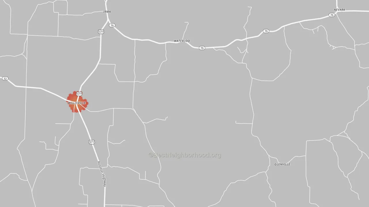Walk Grade map of Waterloo, AR, walkable areas in green and car-dependent areas in red