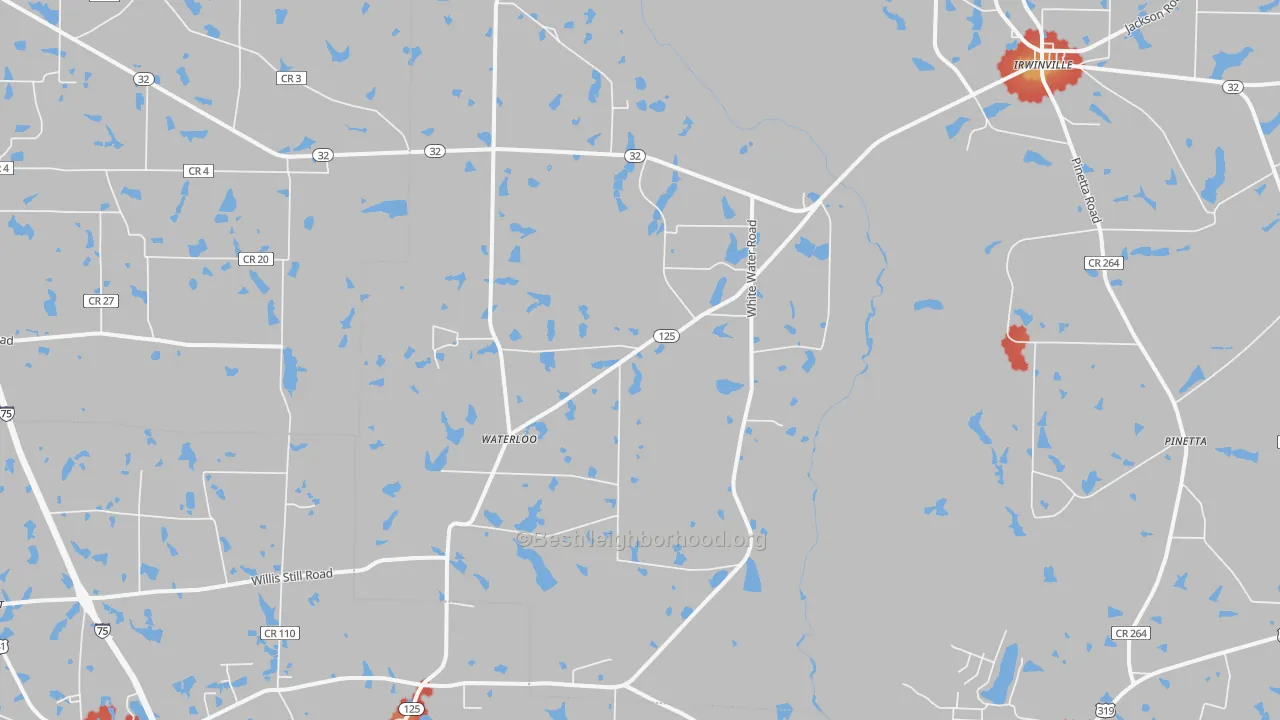 Walk Grade map of Waterloo, GA, walkable areas in green and car-dependent areas in red