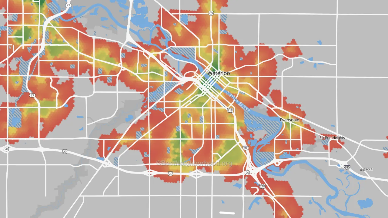 Walk Grade map of Waterloo, IA, walkable areas in green and car-dependent areas in red