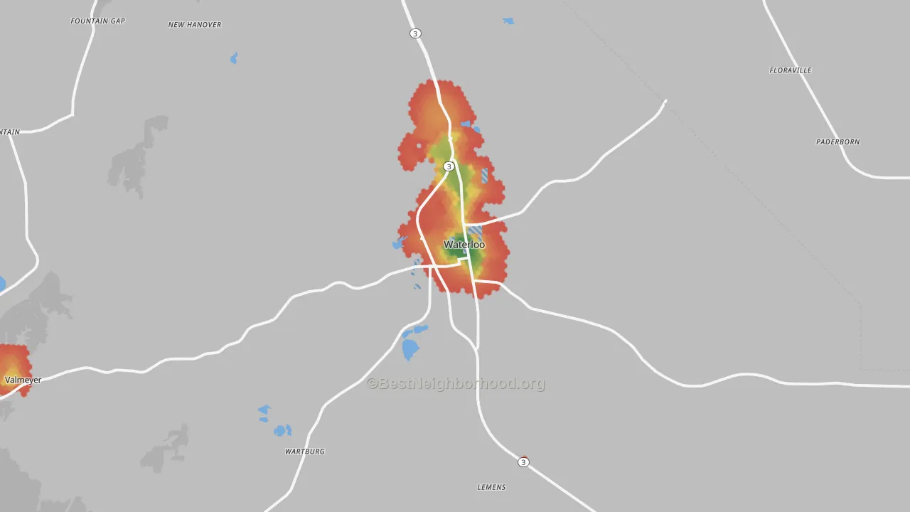 Walk Grade map of Waterloo, IL, walkable areas in green and car-dependent areas in red