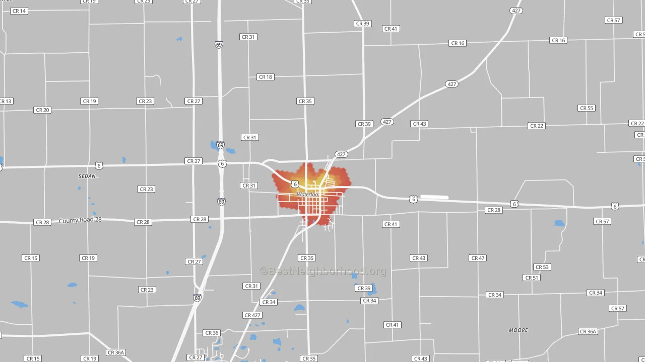 Walk Grade map of Waterloo, IN, walkable areas in green and car-dependent areas in red