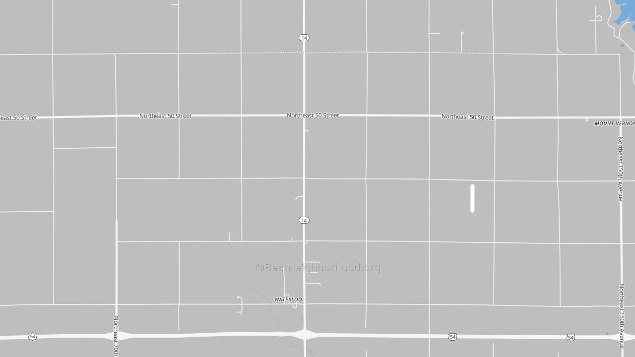 Walk Grade map of Waterloo, KS, walkable areas in green and car-dependent areas in red