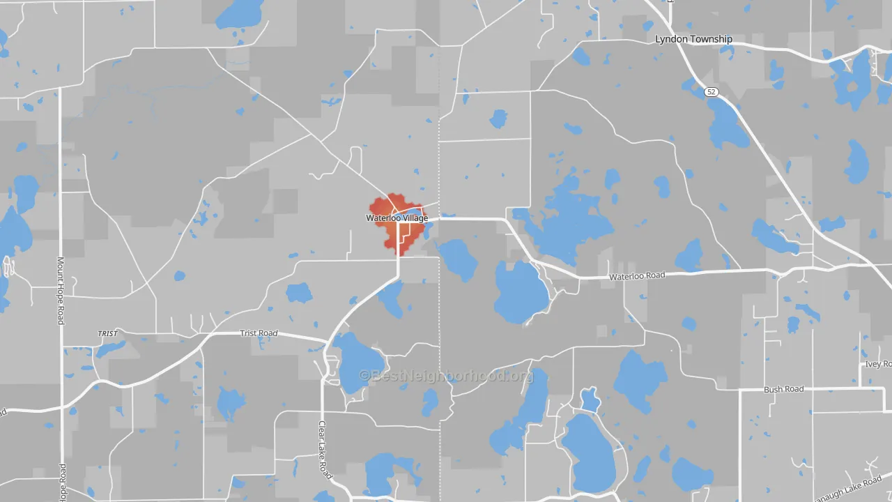 Walk Grade map of Waterloo, MI, walkable areas in green and car-dependent areas in red