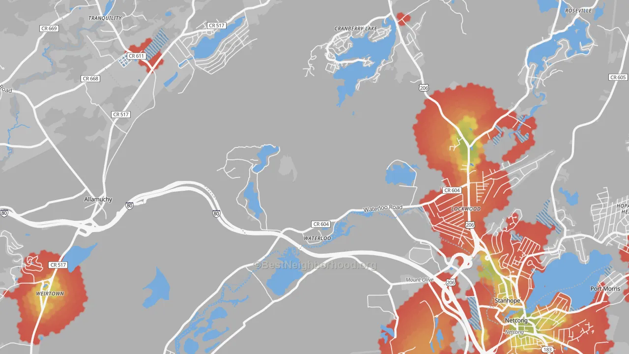 Walk Grade map of Waterloo, NJ, walkable areas in green and car-dependent areas in red