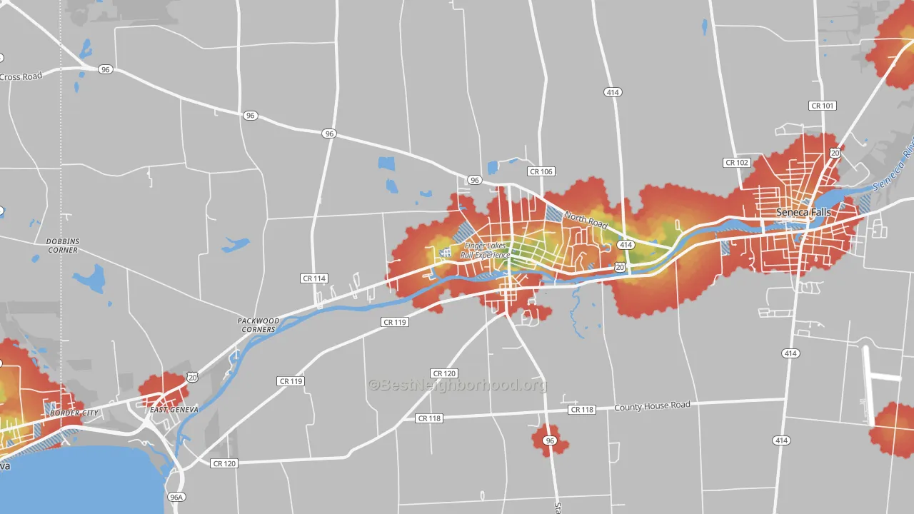 Walk Grade map of Waterloo, NY, walkable areas in green and car-dependent areas in red