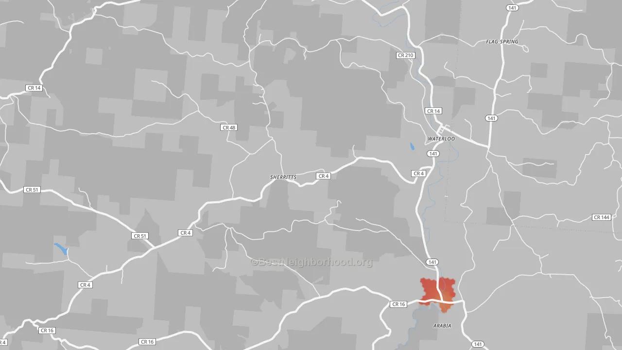 Walk Grade map of Waterloo, OH, walkable areas in green and car-dependent areas in red