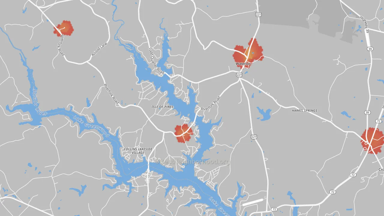 Walk Grade map of Waterloo, SC, walkable areas in green and car-dependent areas in red