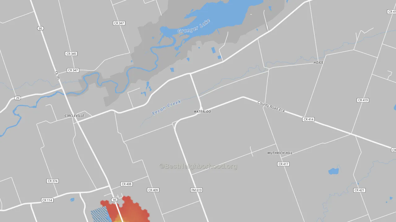 Walk Grade map of Waterloo, TX, walkable areas in green and car-dependent areas in red