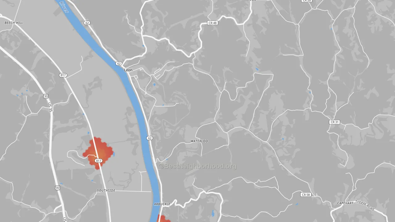 Walk Grade map of Waterloo, WV, walkable areas in green and car-dependent areas in red