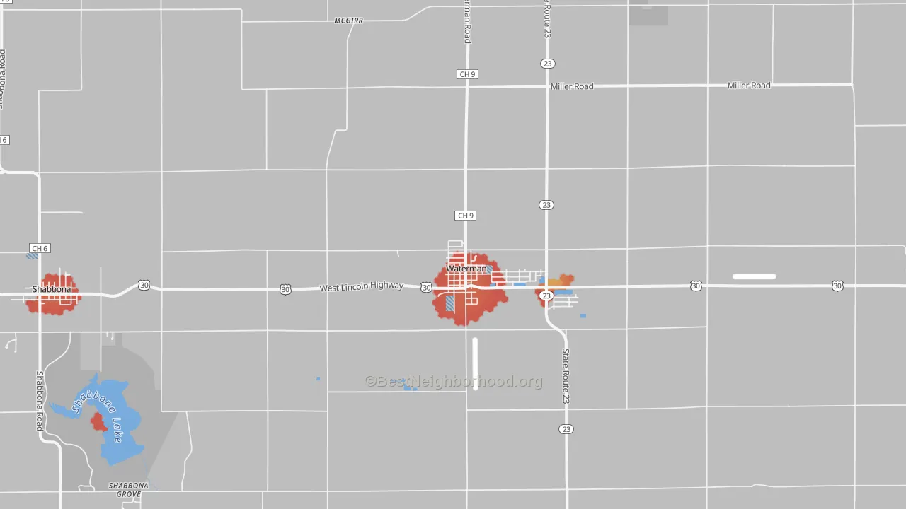 Walk Grade map of Waterman, IL, walkable areas in green and car-dependent areas in red