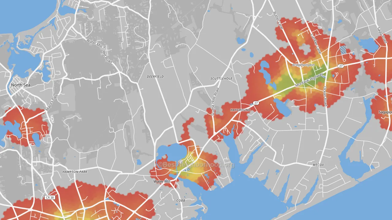 Walk Grade map of Watermill, NY, walkable areas in green and car-dependent areas in red