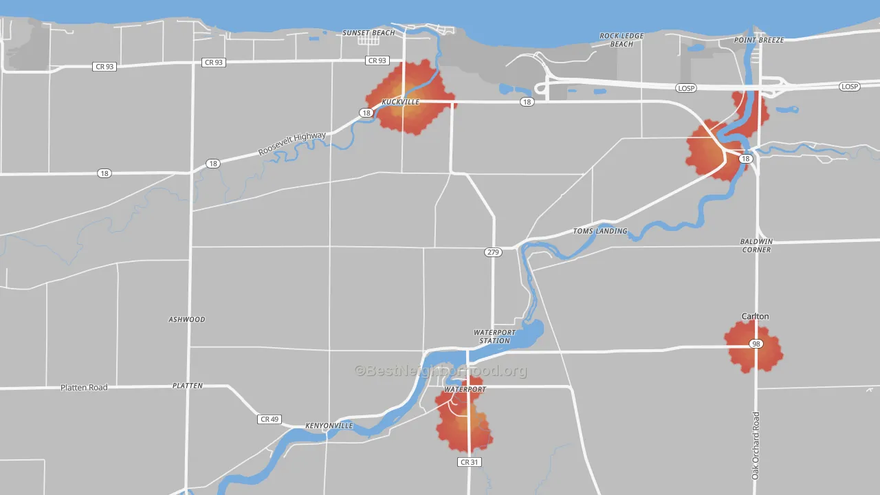 Walk Grade map of Waterport, NY, walkable areas in green and car-dependent areas in red
