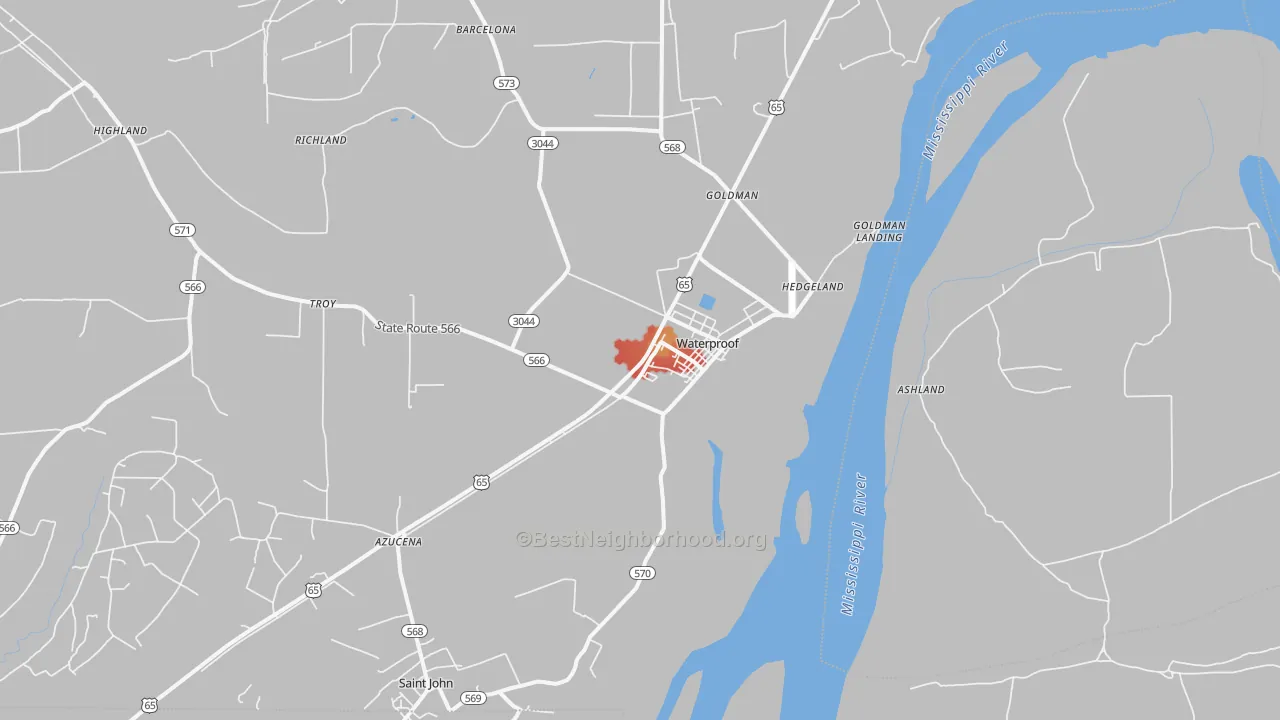 Walk Grade map of Waterproof, LA, walkable areas in green and car-dependent areas in red