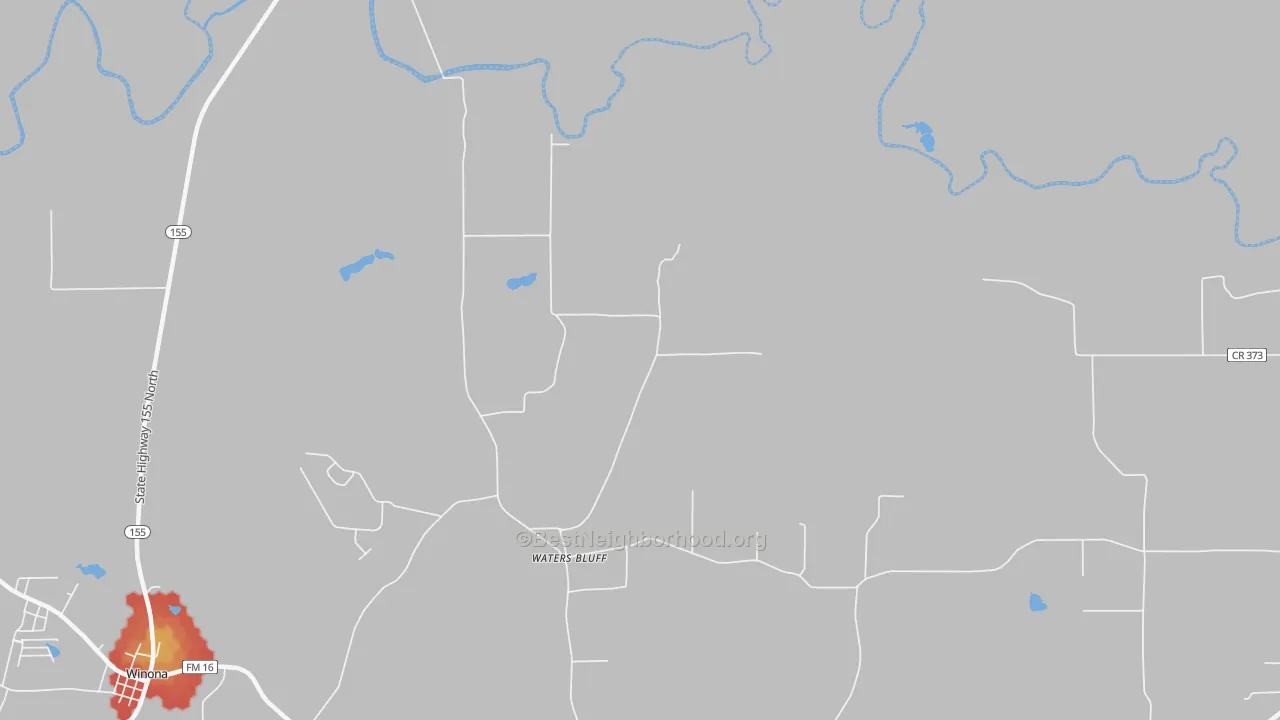 Walk Grade map of Waters Bluff, TX, walkable areas in green and car-dependent areas in red