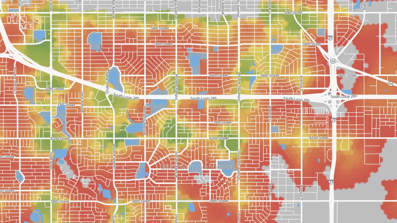 Walk Grade map of Waters, Lubbock, TX, walkable areas in green and car-dependent areas in red