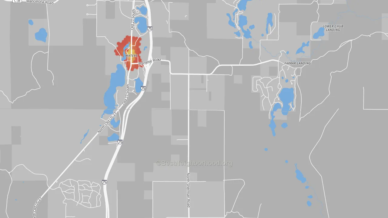 Walk Grade map of Waters, MI, walkable areas in green and car-dependent areas in red