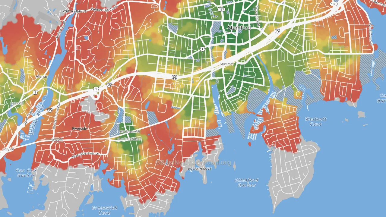 Walk Grade map of Waterside, Stamford, CT, walkable areas in green and car-dependent areas in red