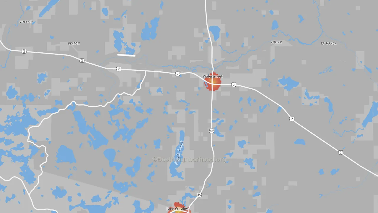 Walk Grade map of Watersmeet, MI, walkable areas in green and car-dependent areas in red