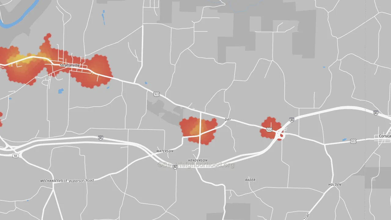 Walk Grade map of Waterson, PA, walkable areas in green and car-dependent areas in red